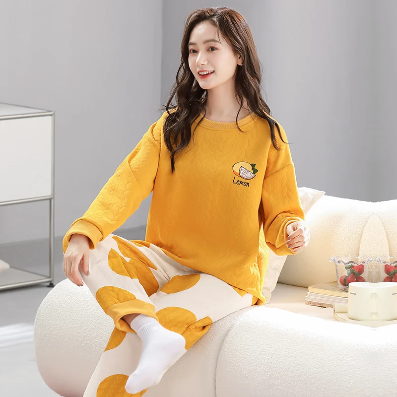 Big Size M-4XL Winter Women Pajamas Set Air Clip Cotton Sleepwear Long Sleeve Casual Homewear