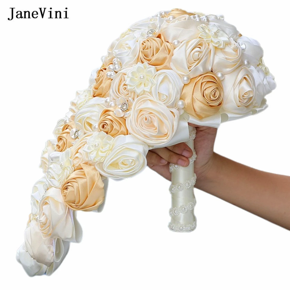 JaneVini-ramos de novia en cascada de albaricoque, perlas artificiales, rosas de satén, ramo de boda para novia, elegante, coreano, 2023