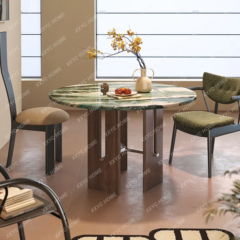 Dining table black walnut solid wood antique household marble small apartment new round table