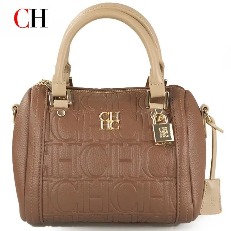 

CH Women Fashion Handbag Embossed Logo Double Tone Leather Ladies Mini Boston Bag with Lock Shoulder Bag for Daily Outing Office