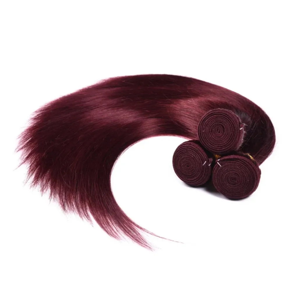 Mechones de cabello humano liso, Color rojo vino, n. ° 99J, cabello humano virgen brasileño sin procesar, extensiones de tejido con cierre