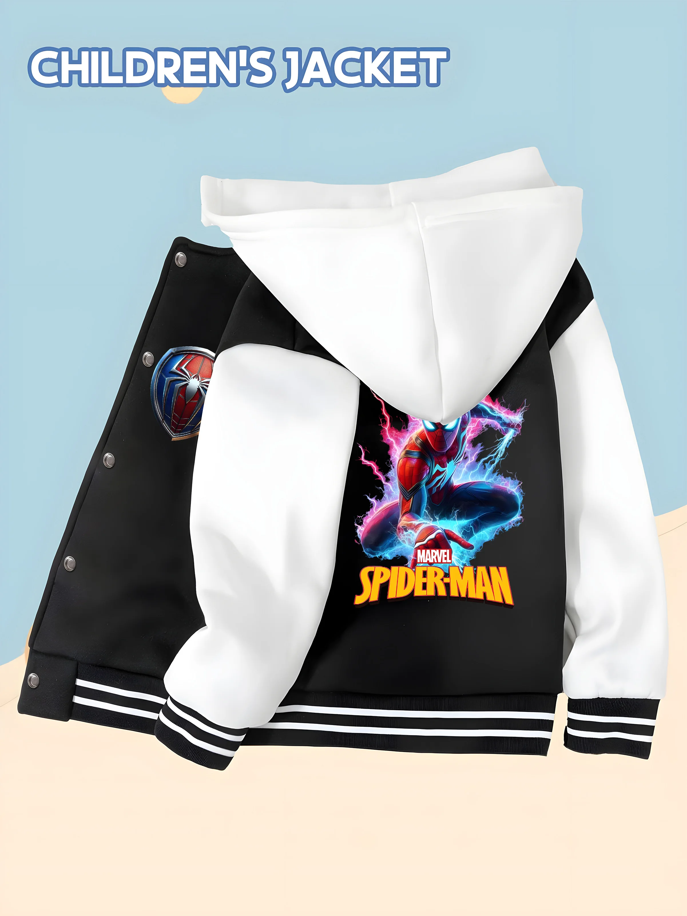 miniso-marvel-hero-spider-man-children's-baseball-jacket-with-lightning-print-black-and-white-contrast-fashionable-and-childli