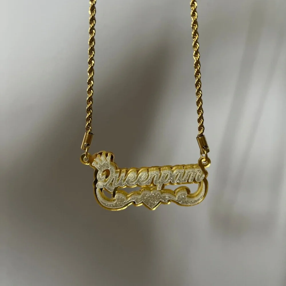 Collar con colgante de corona acrílica con nombre personalizado en plata brillante LeeChee, cadena de cuerda de acero inoxidable, regalo de joyería lindo para niñas.