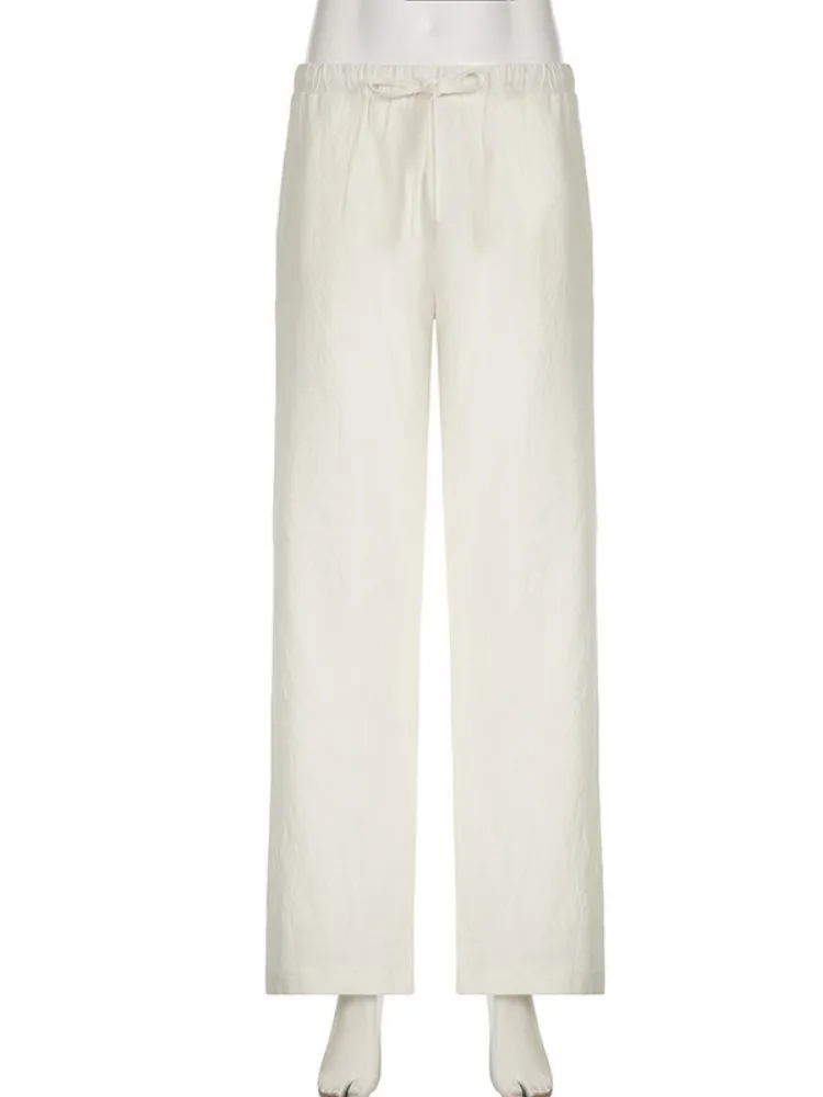 HOUZHOU Casual Basic White Pants Women Baggy Low Waist Straight Trousers Solid Color Thin Wide Leg Pantalones Ladies Summer