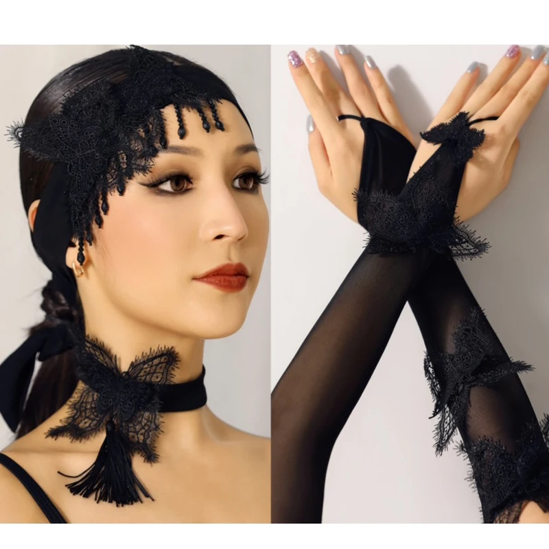 New Latin Dance Accessories For Women Armband /Headwear/ Glove Chacha Rumba Tango Dress Latin Dance Practice Headdress  DQS14017