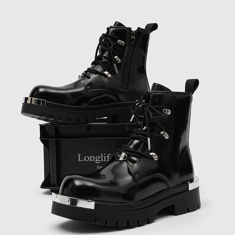 

Классические черные высокие ботинки, мужские ботинки на толстой подошве с металлическим носком, модные молодежные мужские ботинки в стиле ретро с боковой молнией