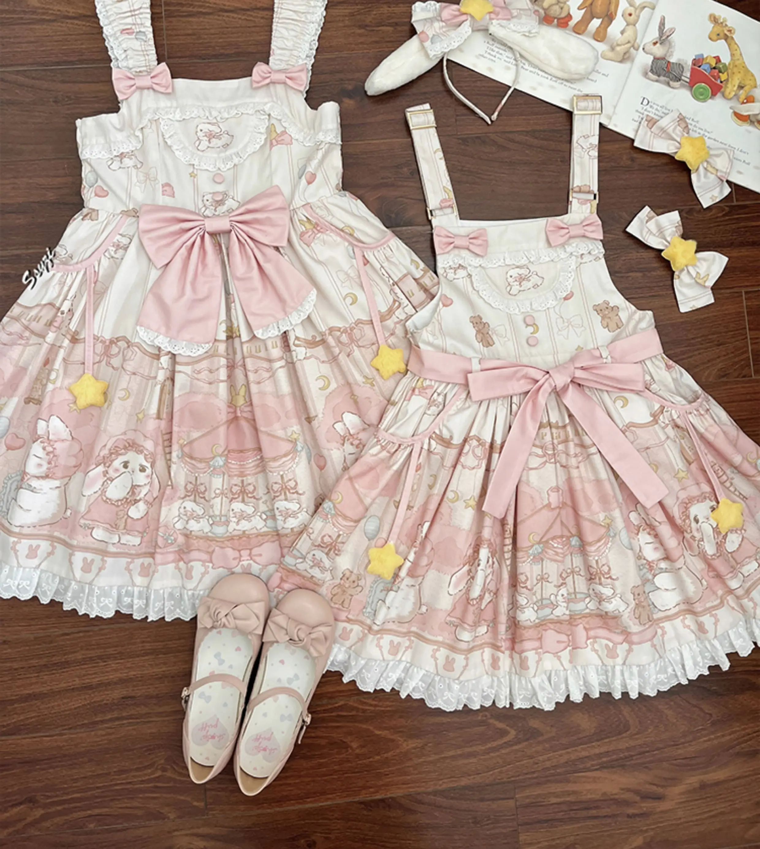 Original Pink Lolita Strap Dress Summer New 2025 Japanese Soft Girl Kawaii Cartoon Print Mini Party Dress Lolita Lo Daily Dress