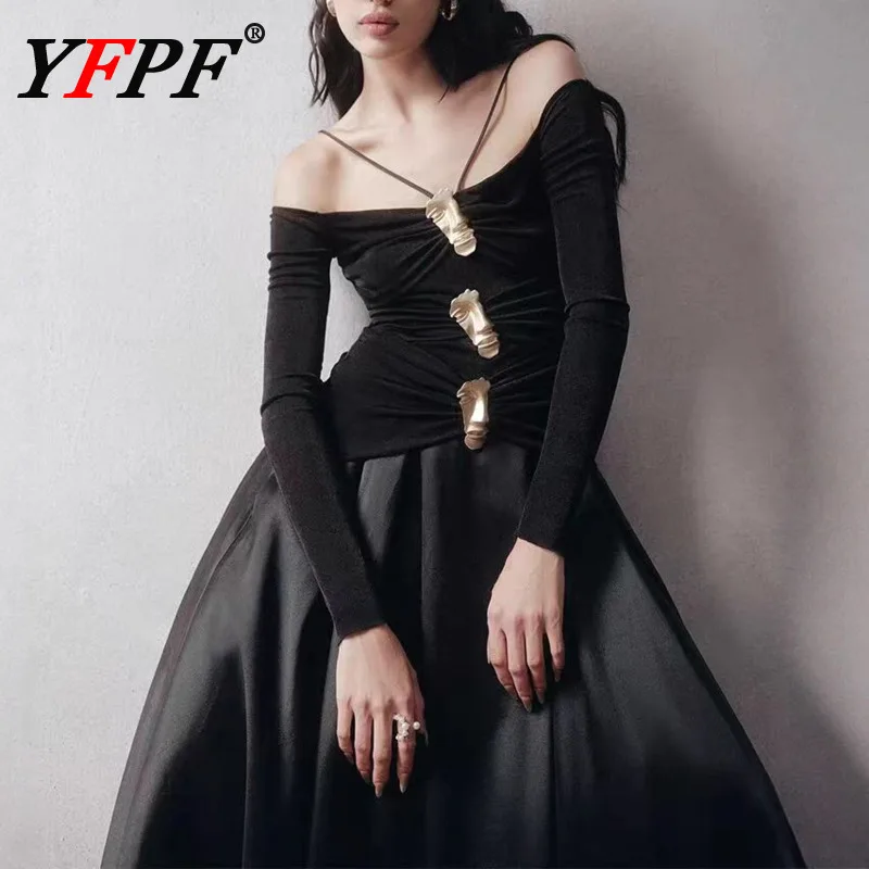 

YFPF Дизайн с металлическими пуговицами Модное женское платье с разрезом на шее, однотонное платье трапециевидной формы с высокой талией, элегантное вечернее платье 2026, новая одежда