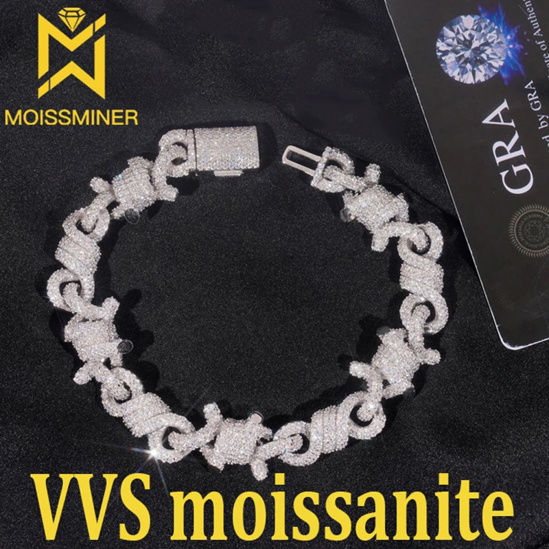 15mm Moissanite Eight Characters Rope Chain S925 Silver Bracelets For Women Iced Out Hip Hop Jewelry Pass Diamonds Tester