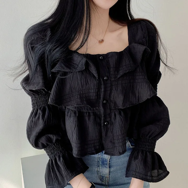 

Женские блузки однотонные, короткие рубашки с пуговицами, расклешенные длинные рукава, квадратный воротник, слегка эластичные, свободный крой, повседневные, офисные, весна-лето 2026