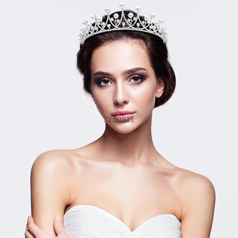 * Tiara de perlas para chicas estacionadas, accesorios para el cabello de novia para boda, Tiaras y coronas de Reina, adorno para tarta, joyería, regalo de cumpleaños