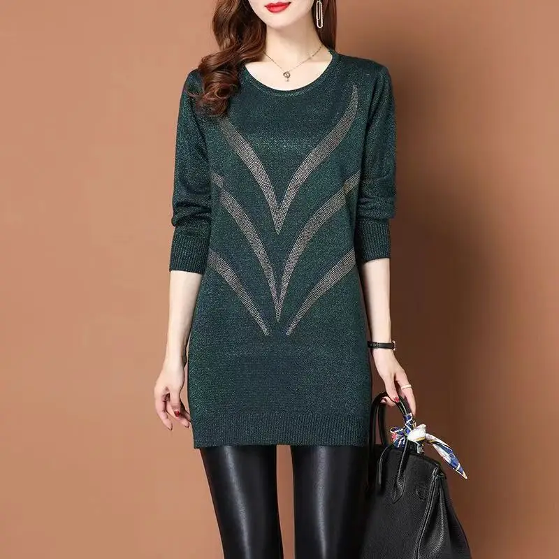 Fashion O-Neck Knitted Diamonds Bright Silk Sweaters Women\'s Clothing 2023 Autumn Winter Loose Casual Pullovers Commuter Tops