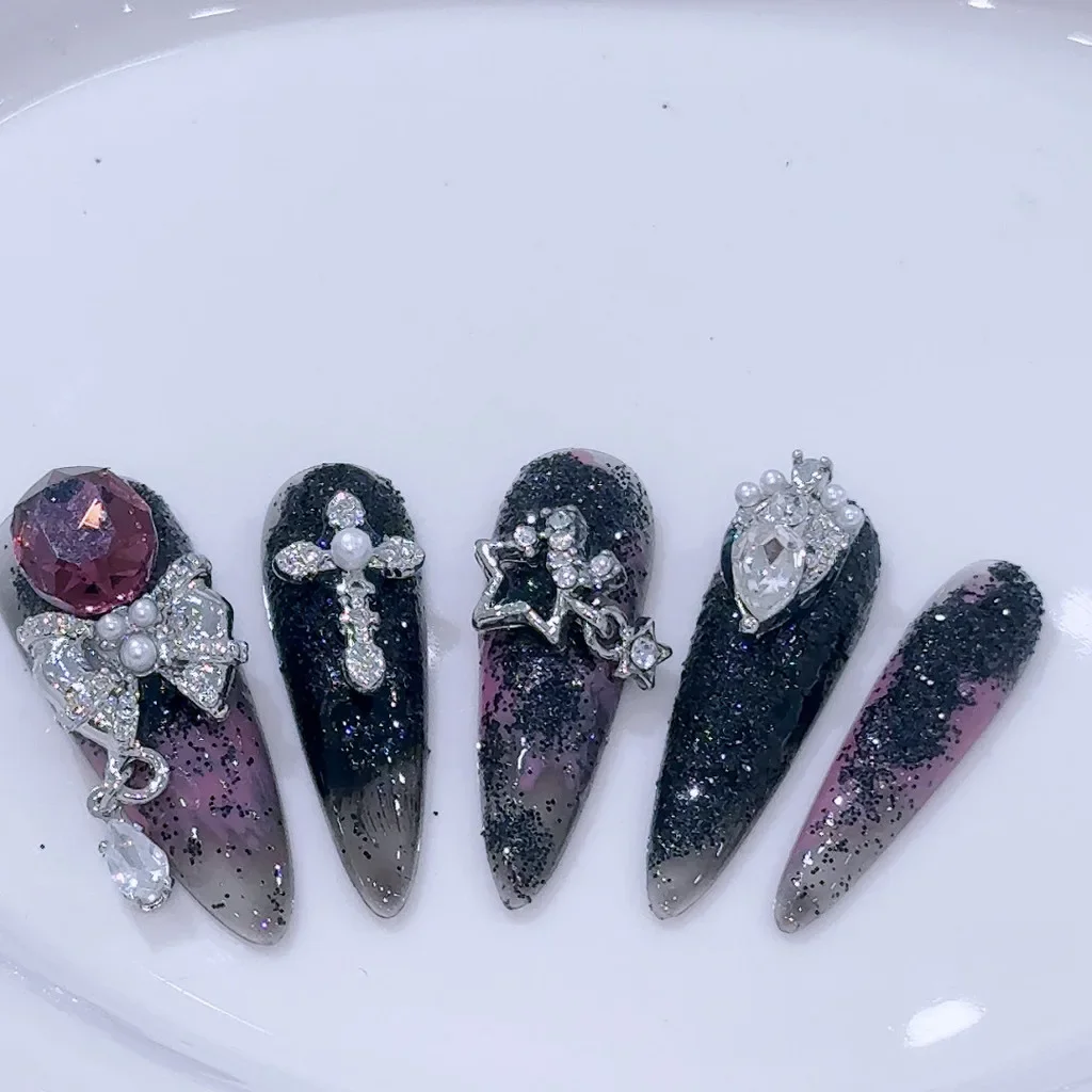 Niche Luxury Handmade Press On Nails Oblivion Dark Spice Girls Fake Nails Bow Star Cross Diamond Purple Long Tip Nail Art