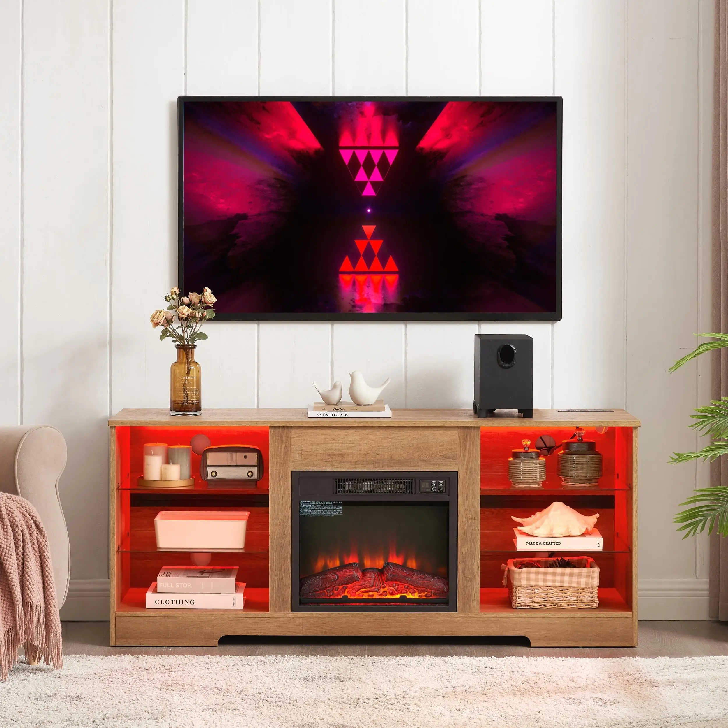 Modern for tv Stand with  Fireplace & Lights, USB Charging, Glass Shelves, for TVs up  62”, 58 Oak Center