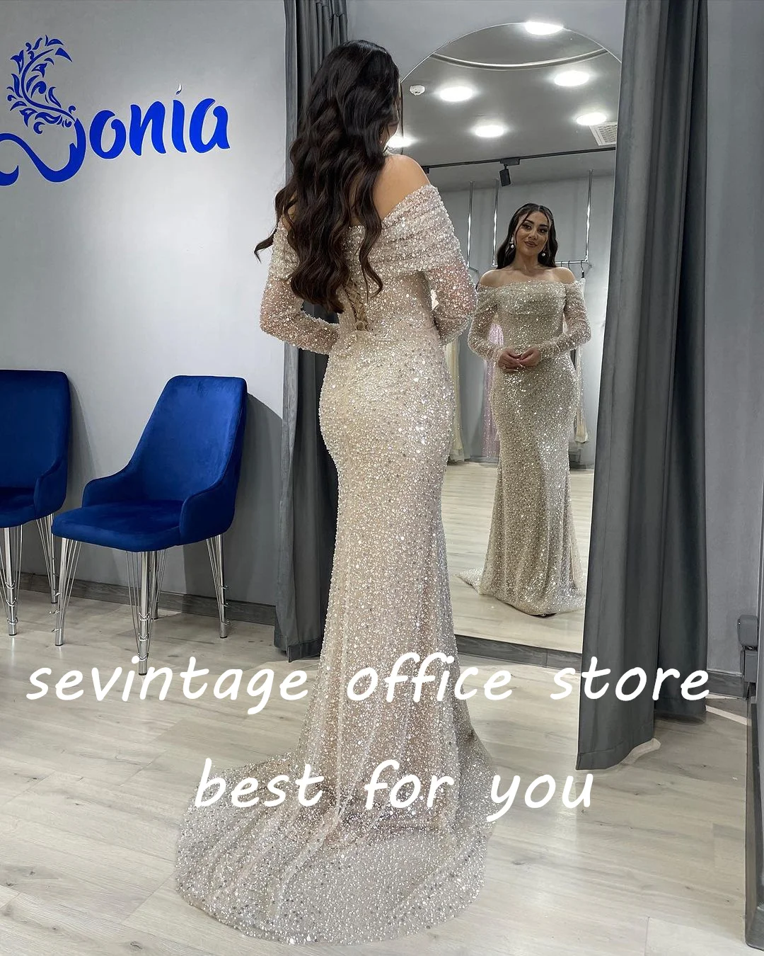 Sevintage-Vestidos de Fiesta de sirena con cuentas de champán brillantes, perlas de lentejuelas, hombros descubiertos, vestidos de noche árabes saudíes, vestido Formal