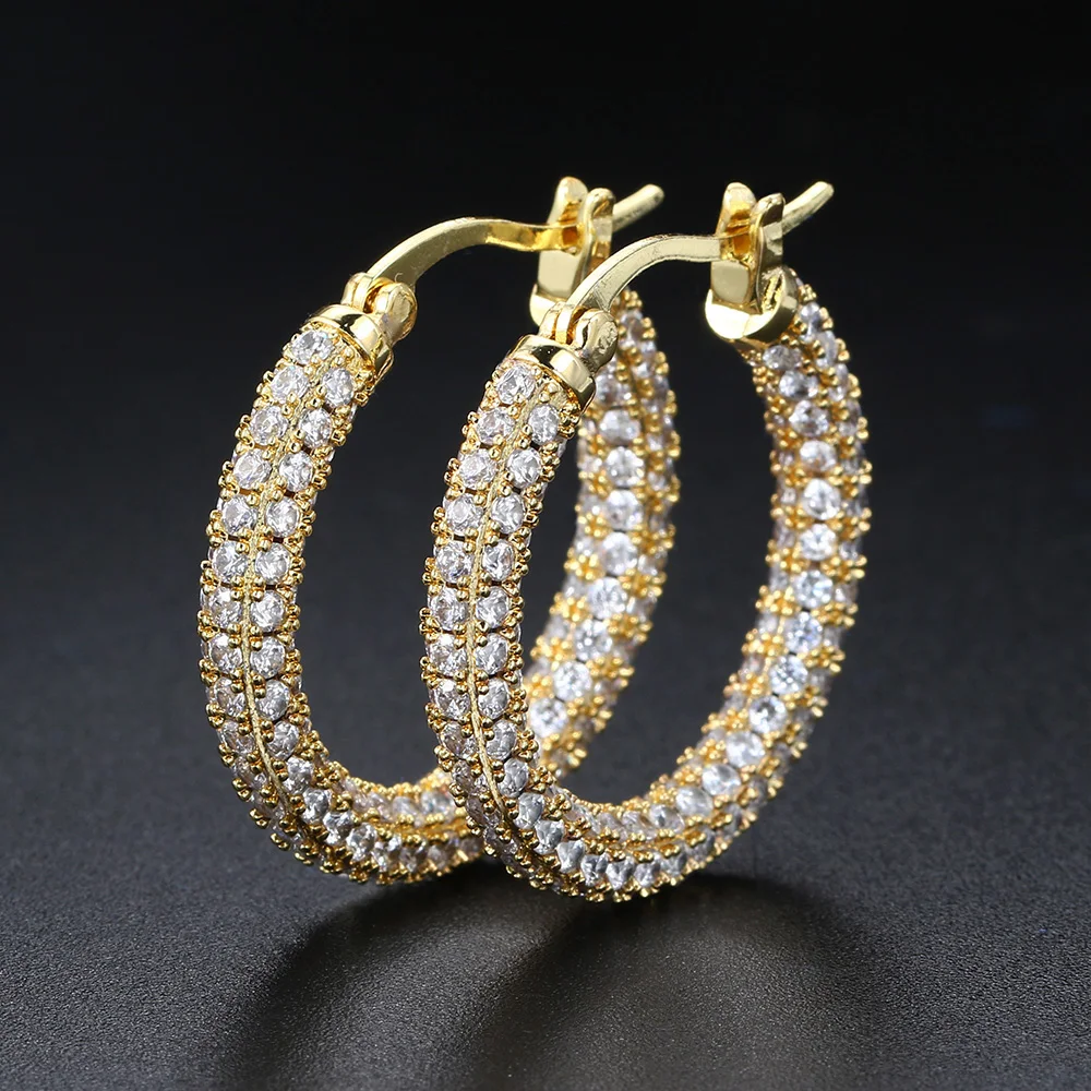 Luxury Iced Out Hoop Earrings for Women AAA+ Cubic Zirconia Gold Color Big Circle Ear Buckle Hip Hop Jewelry Wholesale OHE157