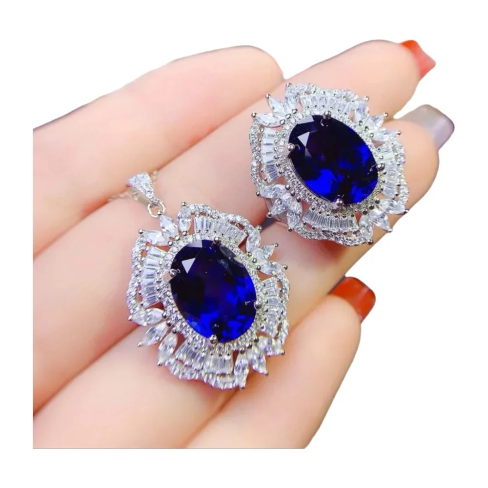 

KJJEAXCMY 925 Sterling Silver Natural Sapphire Gemstone Women's New Ring+Pendant Set Girl's Party Birthday Christmas Gift