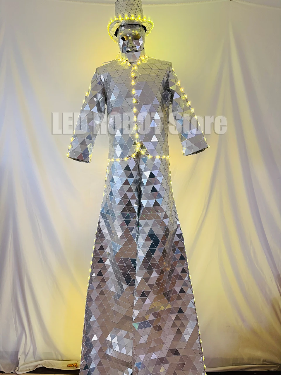 LED Lighted Strip Silver Mirror Set Stilts Style Mask Men's Set Lights Remote Controlled Stage Performance Costume
