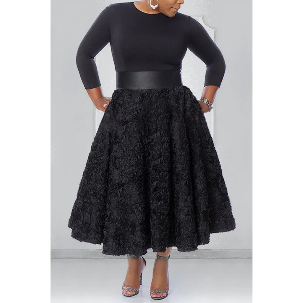 Plus Size Fall Winter Black A-line Party Dress Long Sleeve Round-neck Sequin Solid Pleated Floral Printed Hem Midi Dress