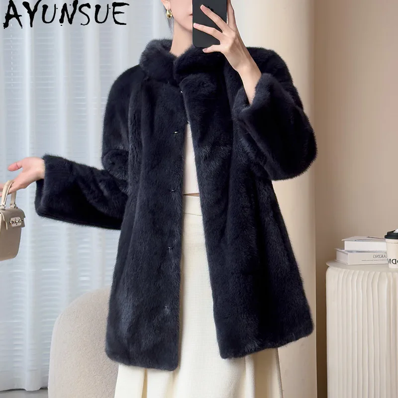 AYUNSUE Naturalny Futro z Norki Damski Stójka Średniej Długości 2025 Zimowy Prawdziwy Futro Damski Odzież Cała Norka Шуба Женская
