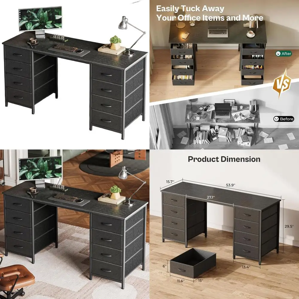 مكتب ألعاب كبير 55 للمكتب المنزلي مع 8 أدراج قماش، أسود، للدراسة والتخزين