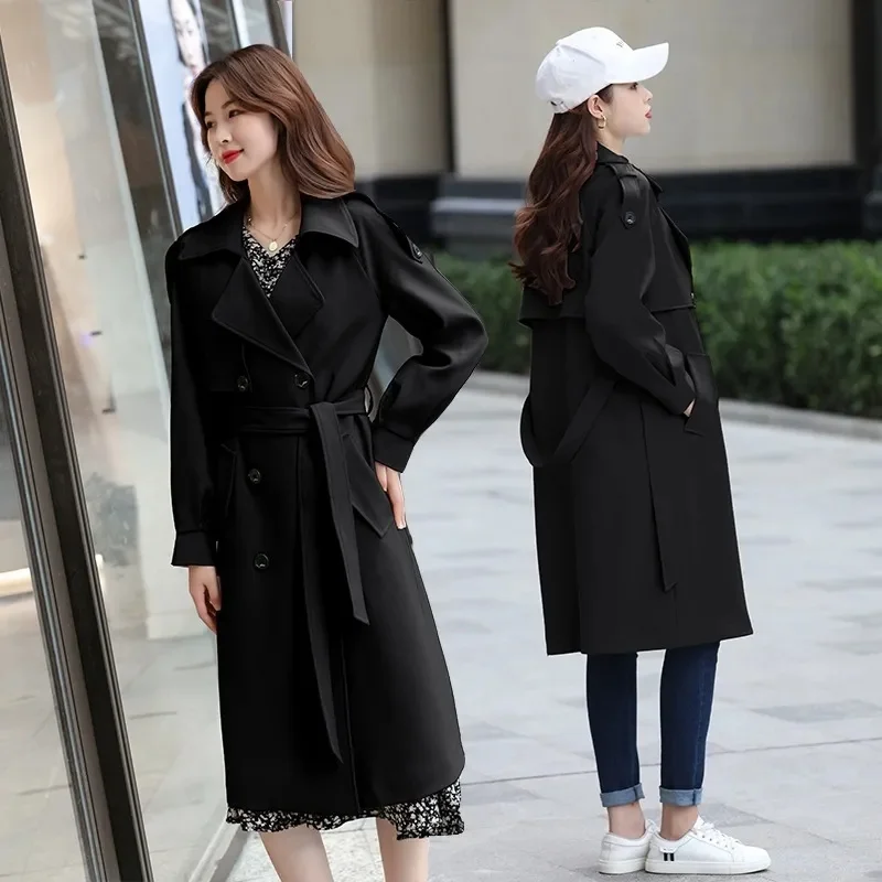 Solto retros duplo breasted preto cáqui blusão feminino 2025 outono design de moda vintage túnica faixas casual casaco longo