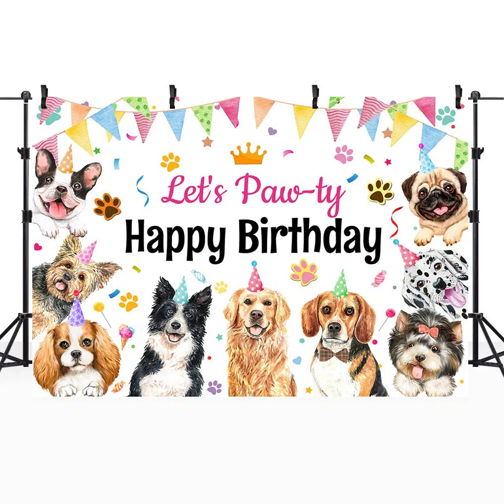 Mocsicka Puppy Dog Happy Birthday Backdrop Let's Paw-ty Pet Party Decor Child Family Portrait Background Photo Studio Photoshoot