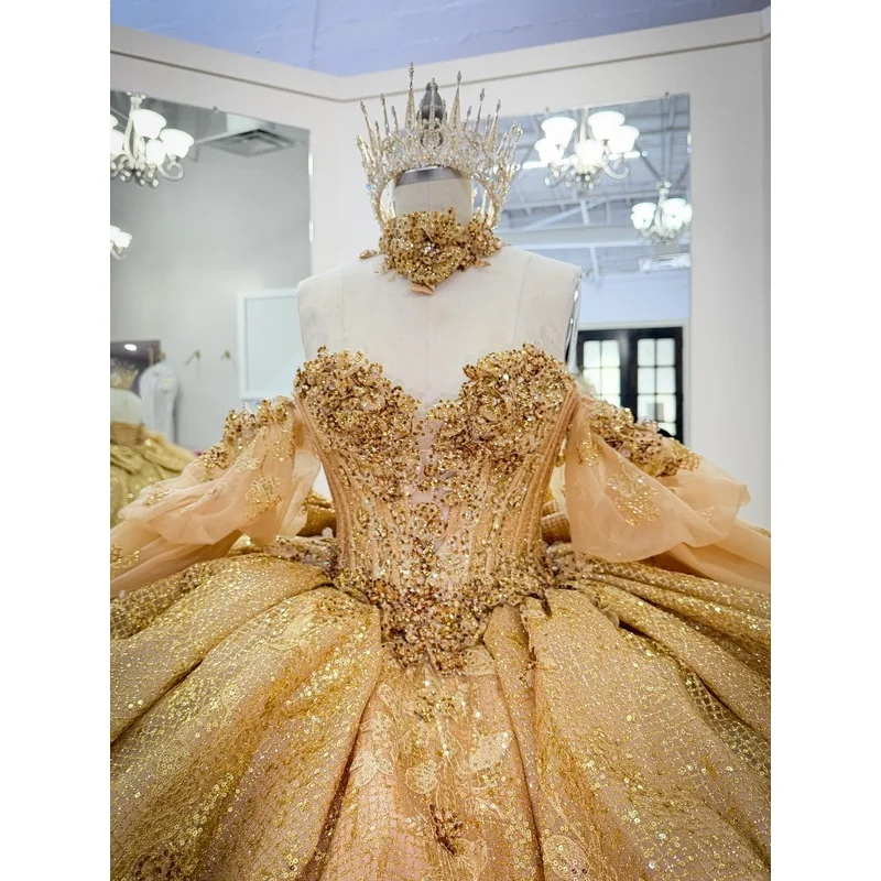 Gold Customized Gold Ball Gown 15 Year Old Quinceanera Dresses 2026 Off Shoulder Vestidos De Xv Años Party Prom Gown