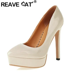 REAVE CAT 2021 Office Ladies Elegant Pumps Platforms Slip On Pointed Toe 12.5CM Thin Heel US11 12 Black Red Beige Khaki A4459