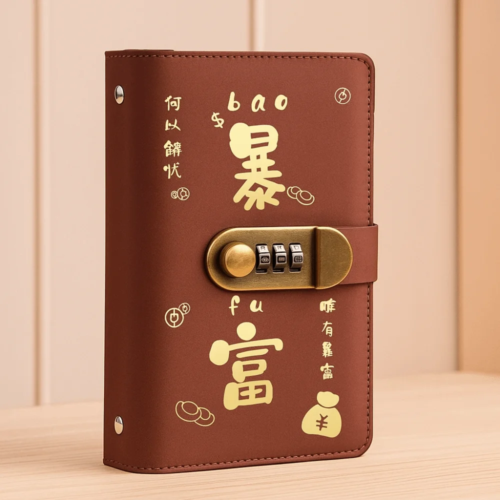 Cartera organizadora de piel sintética con cerradura de contraseña para guardar dinero, cuaderno de registro de gastos familiar y sobres para efectivo