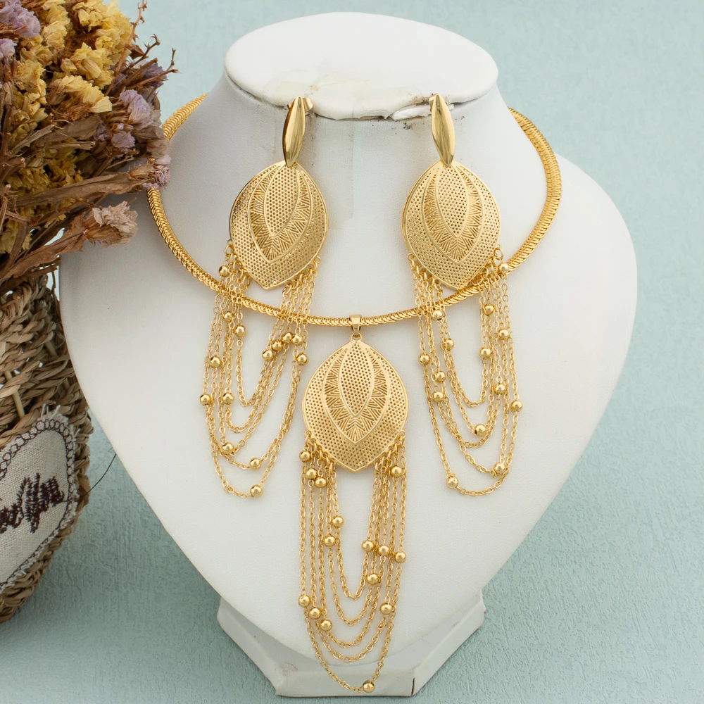 

Trend Wedding Jewelry Set Gold Color Bohemia Tassel Large Earrings Pendant Women Fashion Italy Necklace Dubai African Bride Gift