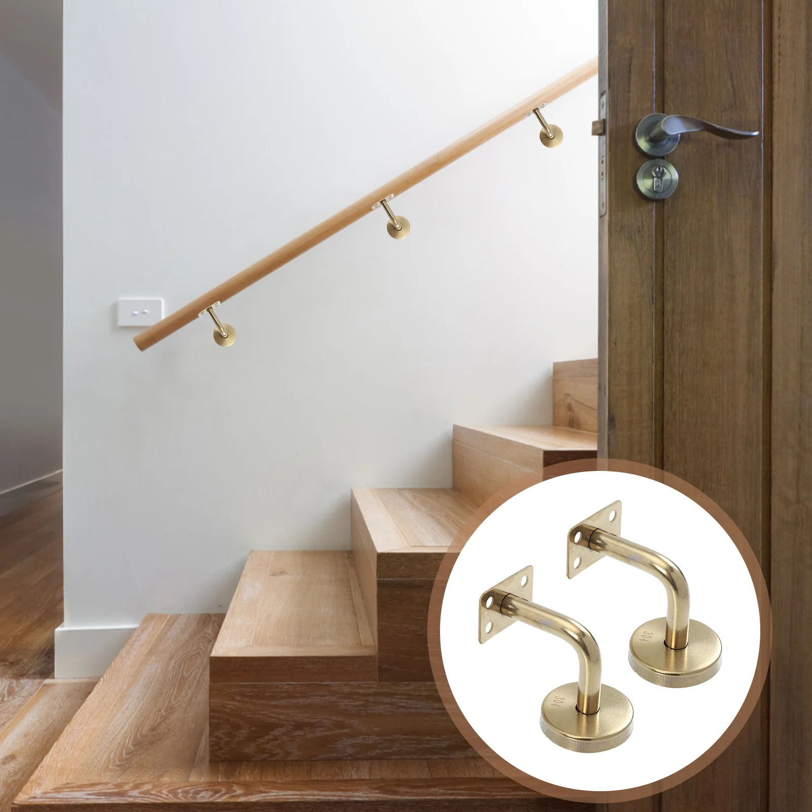 2 Pcs Handrail Holder Bracket Staircase Wall Mounted Shelves Banister Support Metal Brackets Golden