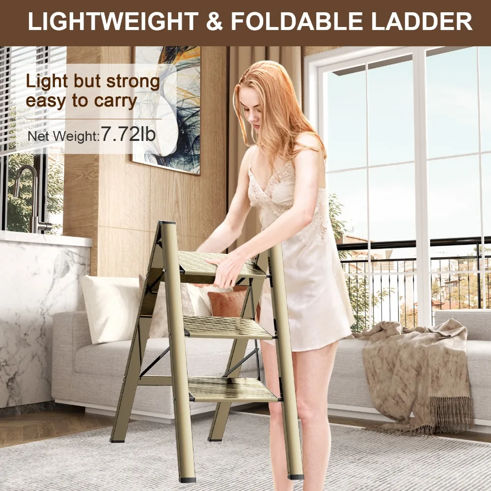 Ladnamy Indoor Foldable Miter Ladder Household Small Ladder Thickened Aluminum Alloy Stairs Three Step Multi-functional Stool