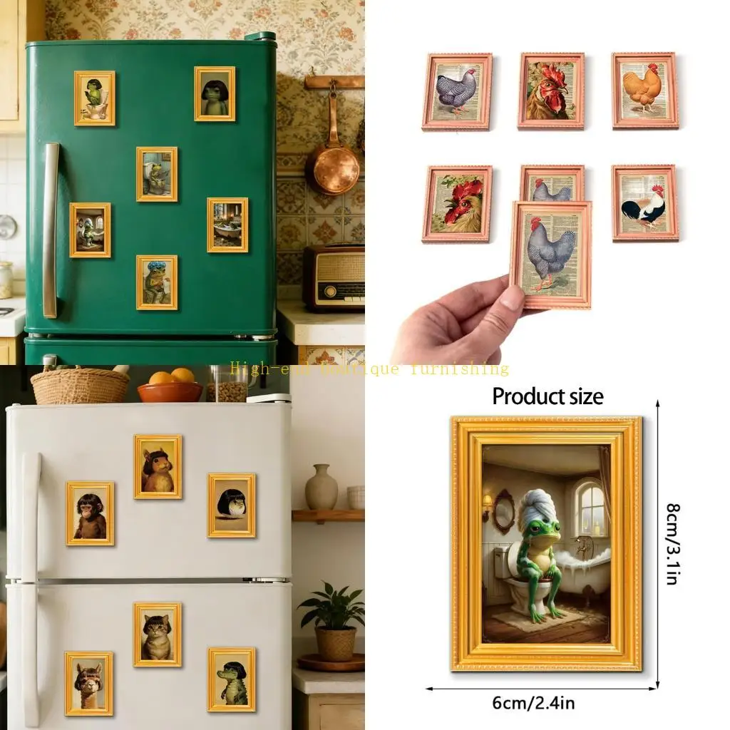 

L9NB 6Pcs Animal Sticker Wooden Poster Frame Refrigerator Decoration