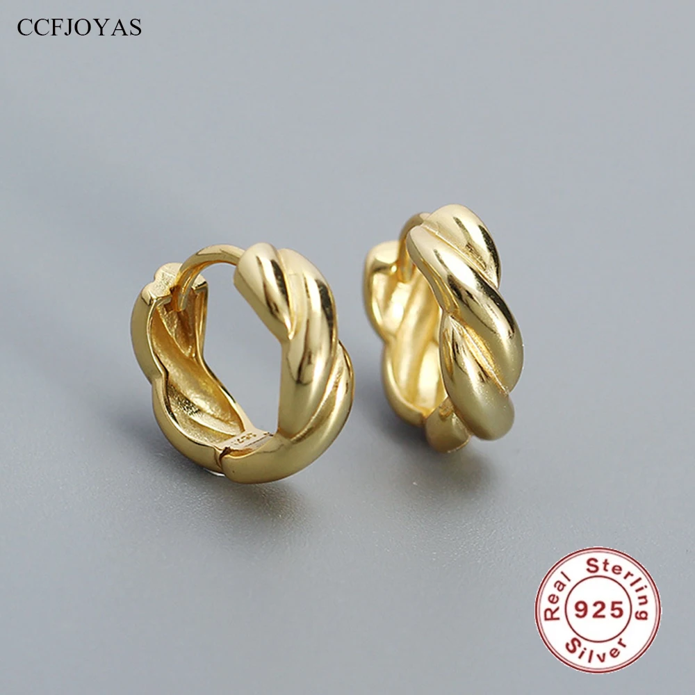 

CCFJOYAS 100% 925 Sterling Silver Punk Rock Twist Earrings for Women 10mm Gold Silver color Twisted Metal Style Hoop Earrings