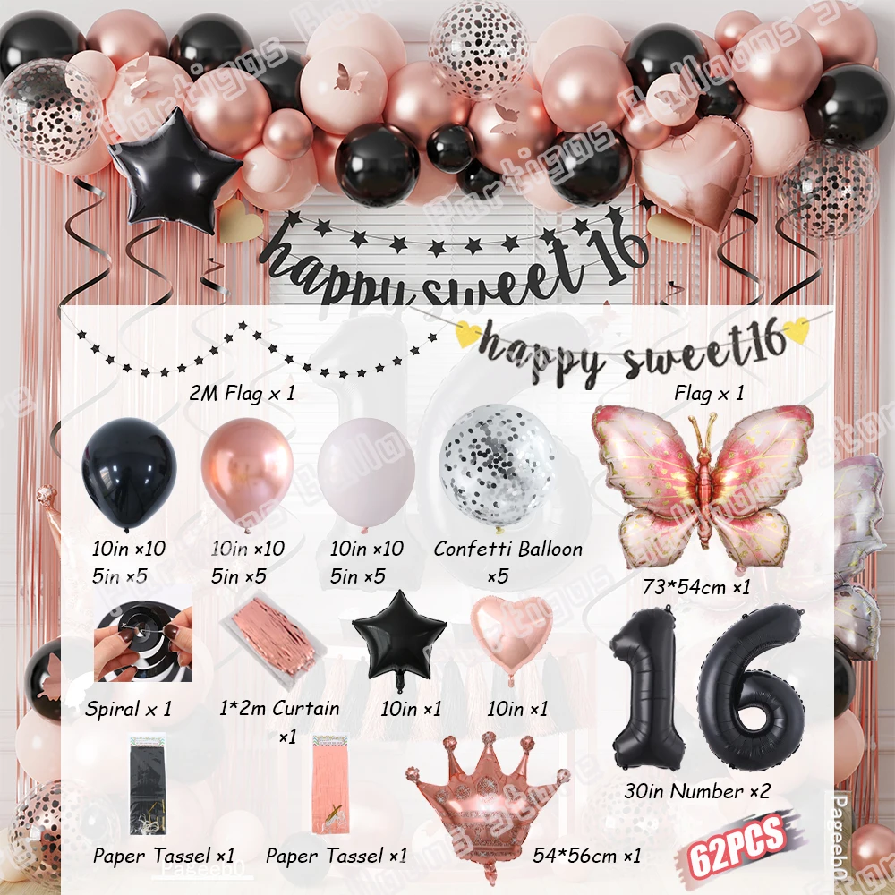 50/62Pcs DIY Butterfly Balloons Set Black Rose Gold Latex Balloon Pink Paper Flower Bridal Butterfly Themed Birthday Party Decor