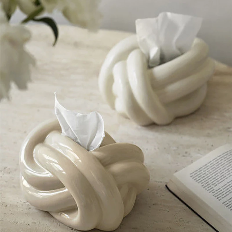 Household Tissue Box Ceramic Fun Knot European Modern Abstract Coffee Table Desktop Cream Color Nordic Decorative Tissue Case