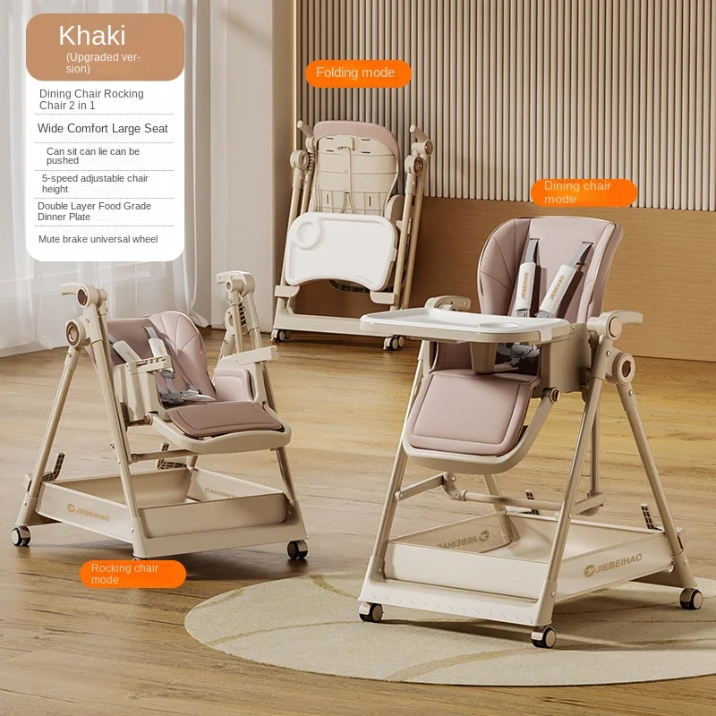 Baby High Chair Multi-Functional Foldable Portable Home Baby Rocker 2-in-1 Child Dining Chair Height-Adjustable with Wheels