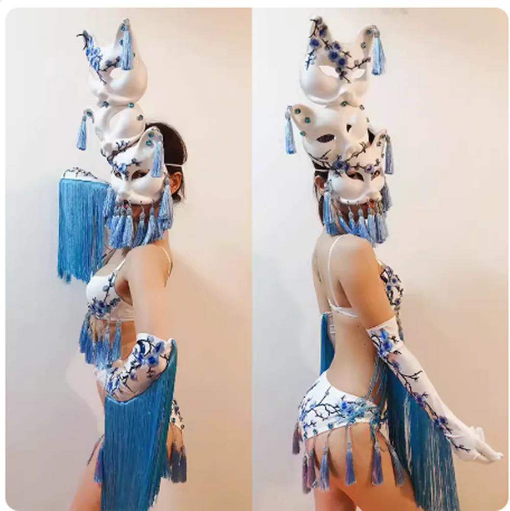 Sexy DS Nightclub Bar Plum Blossom Bikini Fox Mask Headpiece White Mid Autumn Festival Party Gogo Performance Dress Girl