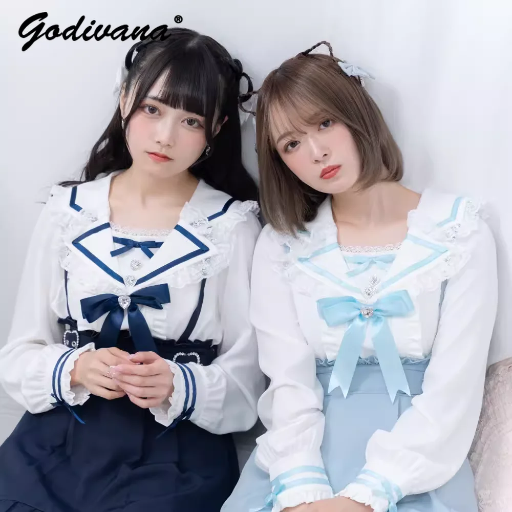 

New Spring and Autumn Lolita Shirt Long Sleeve Female Girls Japanese Sweet Bow Lace Edge Sailor Collar Loose Blouse Blusas