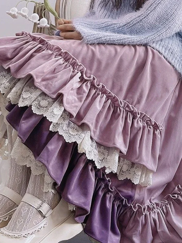 Purple Lace Elegant Sweet Skirt Women Autumn Korean Fashion Retro Midi Skirt Female Flods Vintage Chic Designer Skirt 2025 New