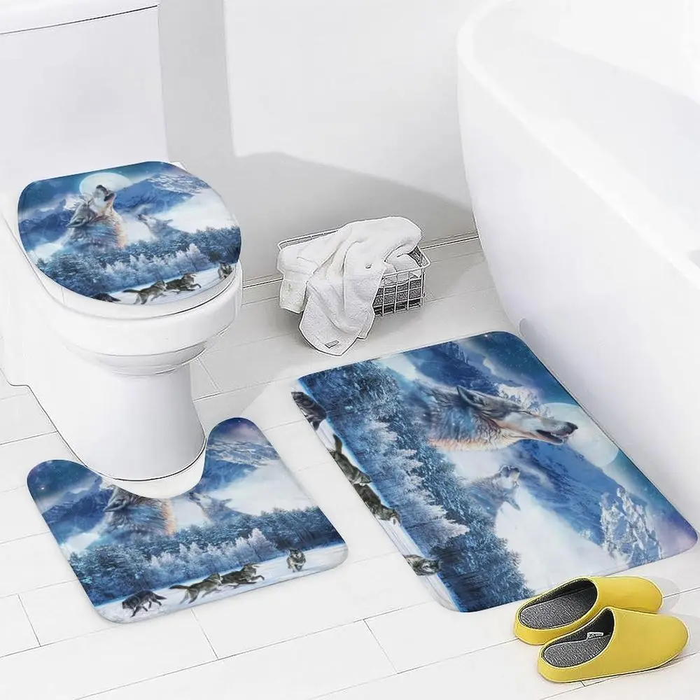 Juego de cortina de ducha Fantasy Forest Galaxy Wolf con lobos de montaña nevados, alfombras antideslizantes, cubierta para tapa de inodoro y alfombrilla de baño