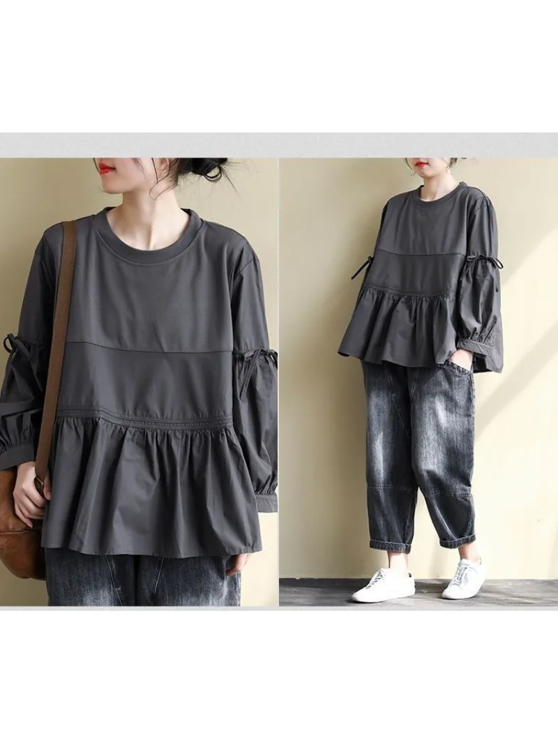 2026 Autumn Elegant Long Sleeve Tops Women Blouse Trend 2025 Casual Solid Loose Shirt Female Chemise Lace-Up Blusas Tunic