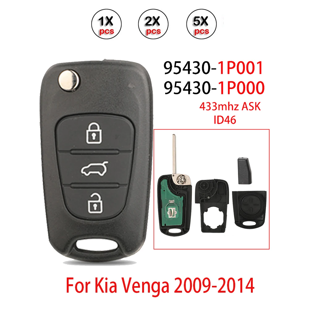 

Корпус для автомобильного ключа Jingyuqin 1x 2x 5x для Kia Venga 2009-2014, 95430-1P001, 95430-1P000, 433 МГц, ASK, чип ID46, чехол-контроллер