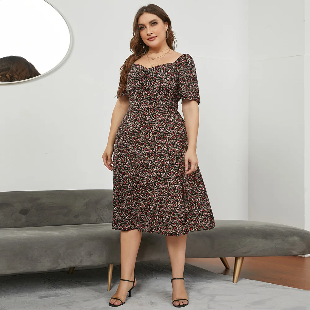 2024 Real Shot nuovo Plus Size donna francese collo quadrato vita fessura lungo abito floreale estate JR5031