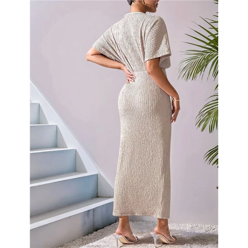 

【Party-Decoration】Womens Metallic Faux Wrap Cocktail Dress Solid Color V-Neck Pleated High Slit Short Sleeve Midi Dress