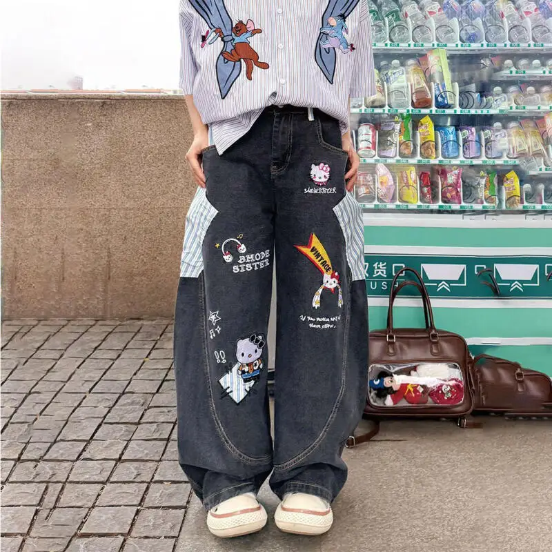 

Anime Hello Kitty Spring/Summer Fun Cute Kitty Jeans Cartoon Embroidered Jeans Women's Design Feel Loose and Slim Wide Leg Pants