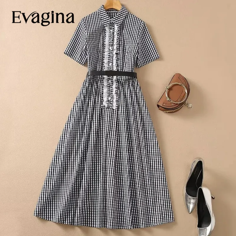 

Evagina Fashion Women's 2024 Spring Turn-Down Collar Short-Sleeved Bird Lattice Patchwork Edible Tree Fungus Mid-Length Dress