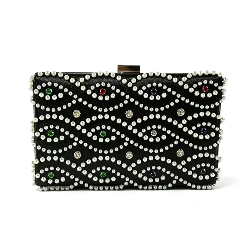 

Sparkly Colorful Crystal Beading Clutch Bags Fancy Pearls Square Black Dinner Bags Women's Evening Party Gold Purse for Ballgown