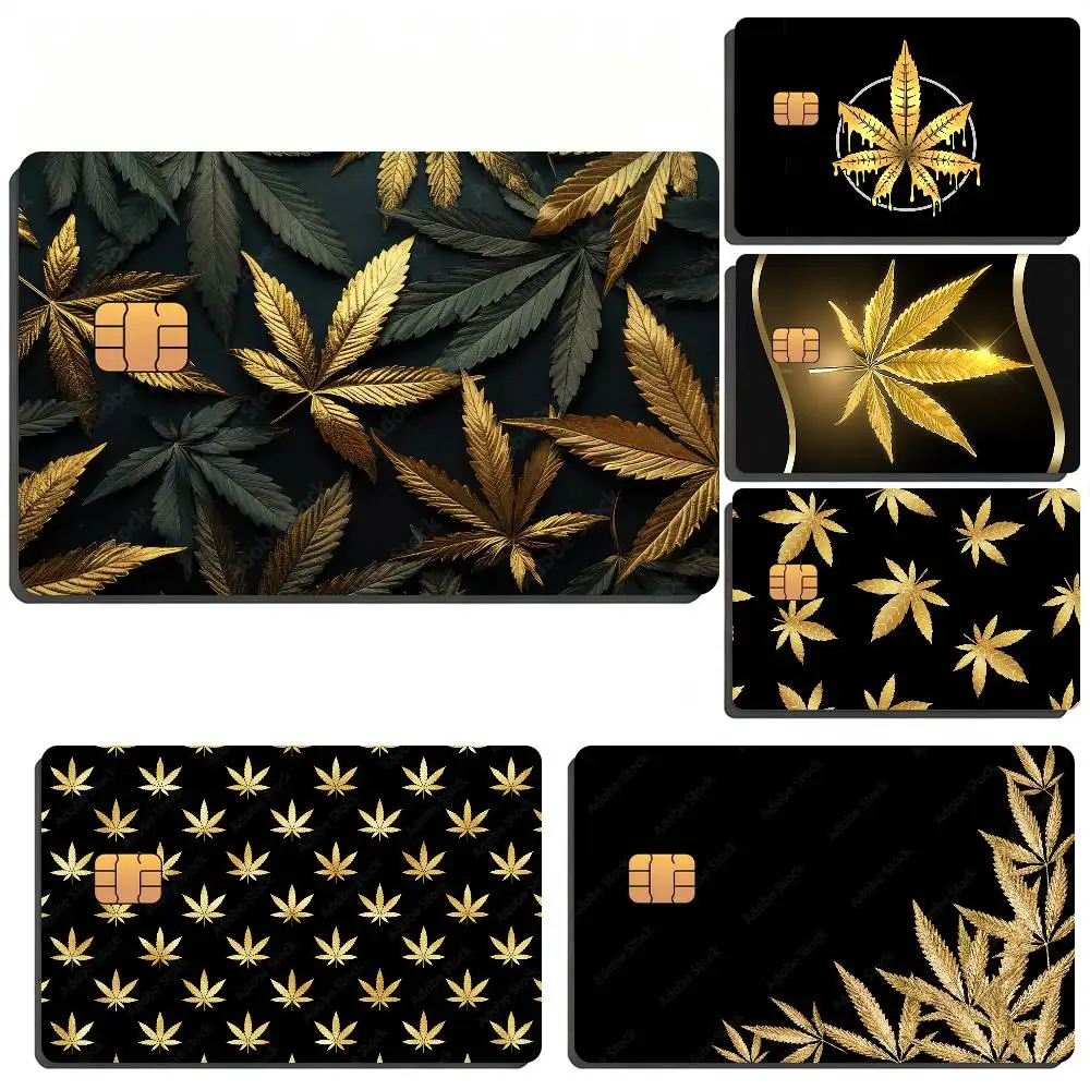Golden Weed Leaf Film Skin Card Sticker For Bank Bus Metro Credit Debit Card Waterproof
